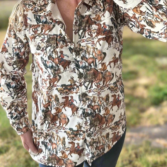 Fall Cowgirl Button Up Shirt, Western Fall Cowboy Print Corduroy Shirt Jacket - Picture 6 of 7